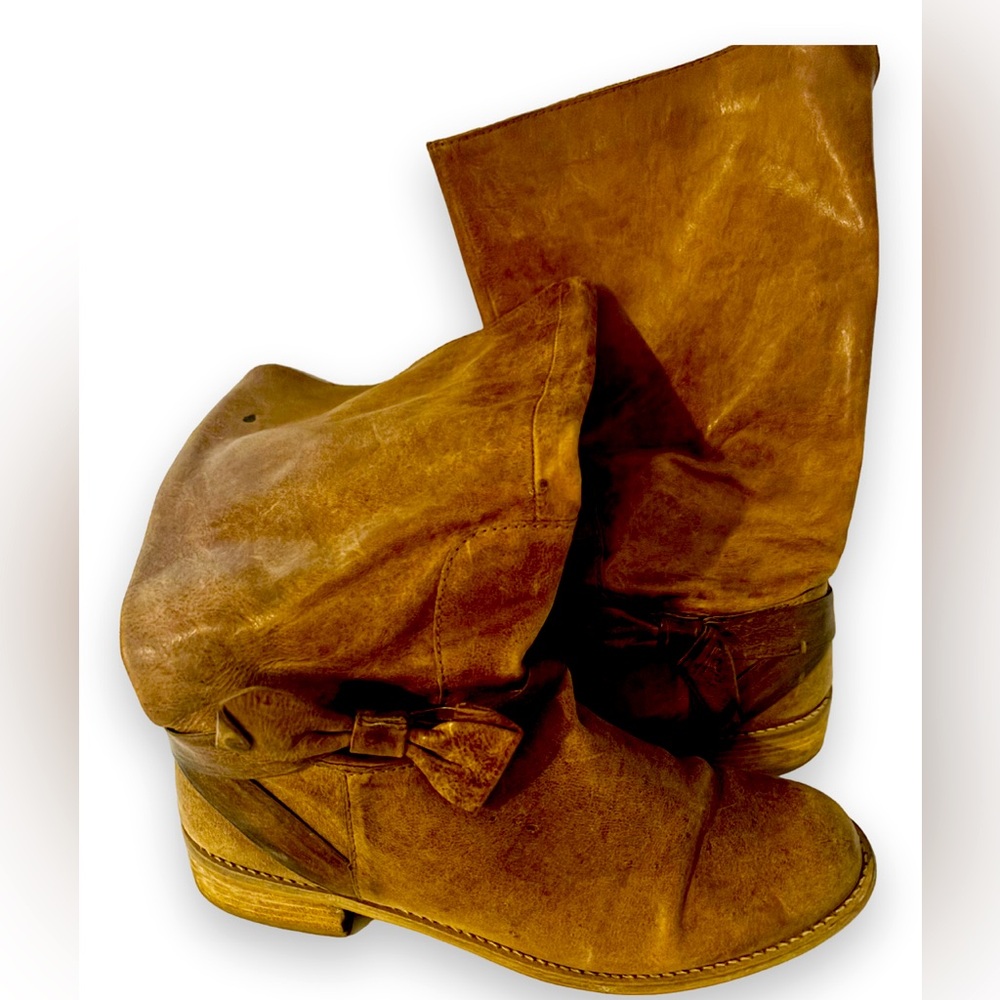 Anthropologie size 7 1/2 caramel bow mid calf boot